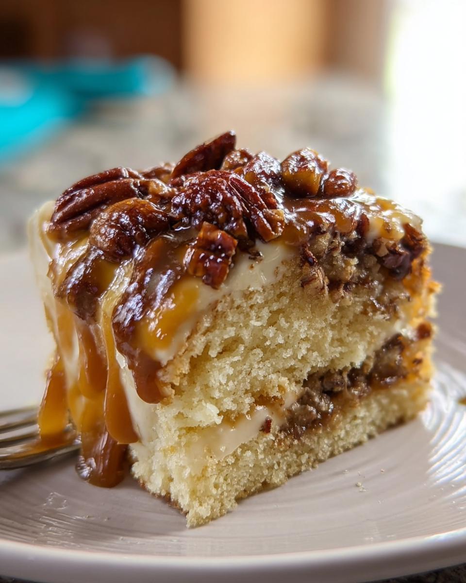 A slice of pecan caramel cake with creamy frosting and a generous drizzle of caramel sauce and pecans.