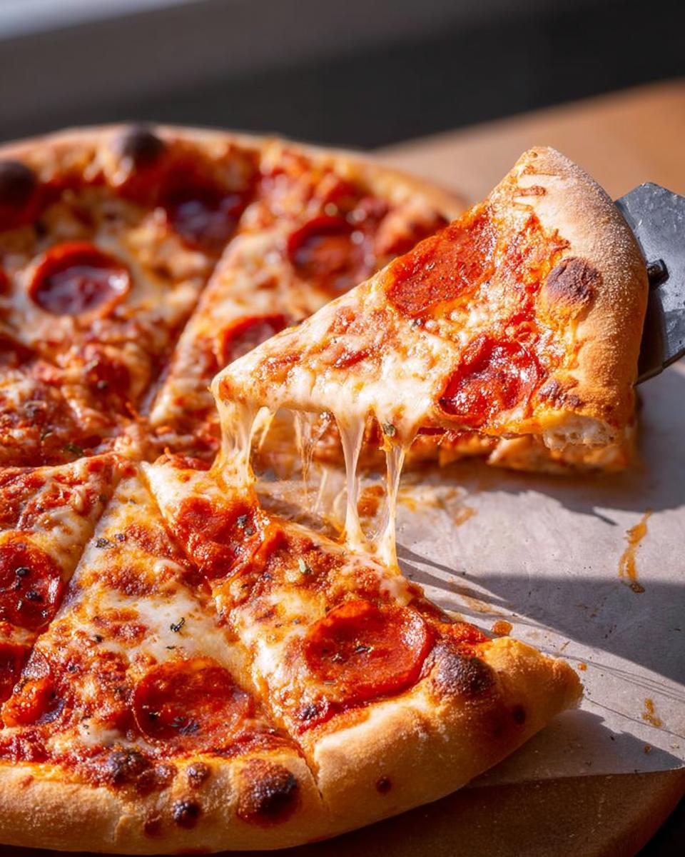 A slice of pepperoni pizza is lifted, showcasing strings of melted cheese, a perfect addition to pizza night recipes.