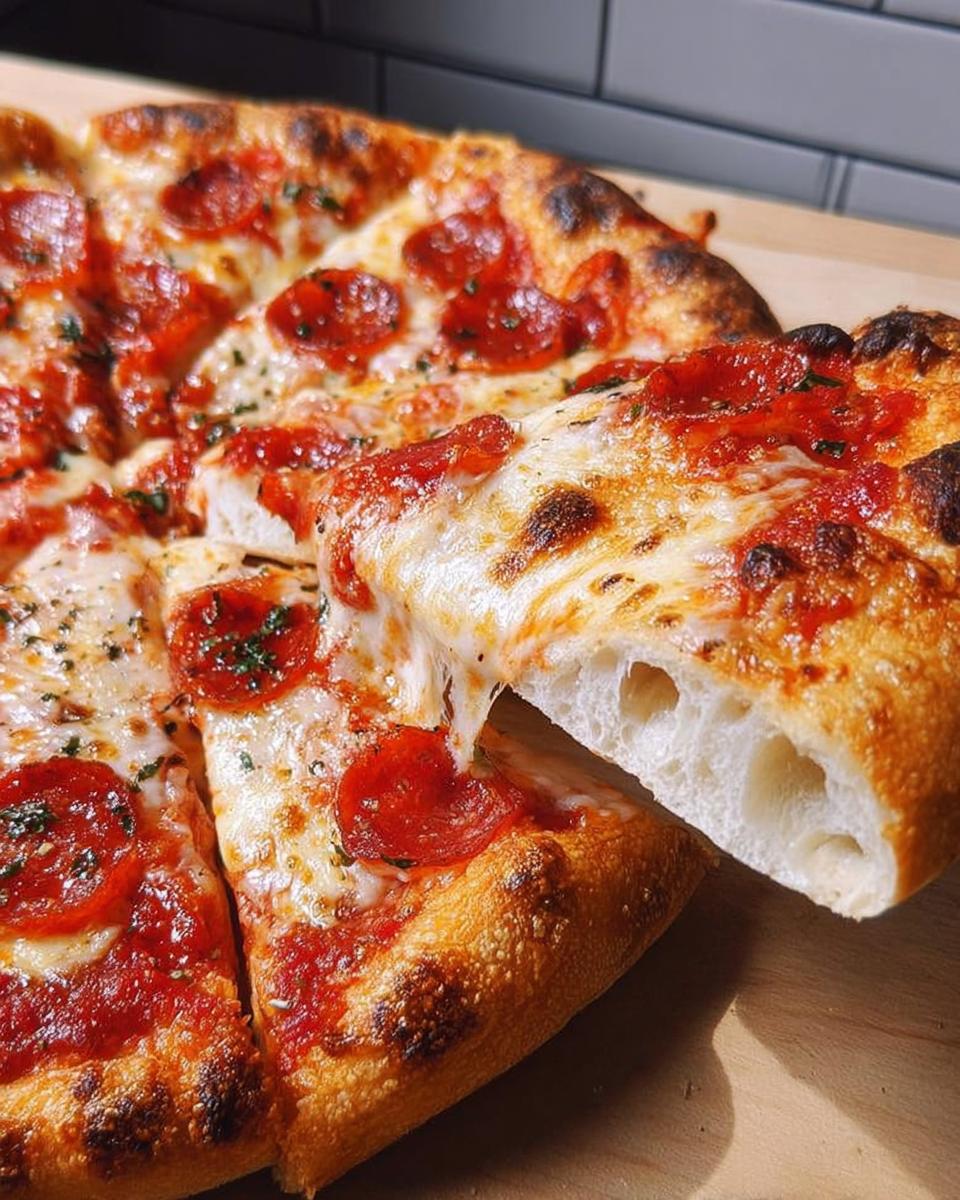 A slice of delicious pepperoni pizza is lifted from the whole pizza, showing melted cheese and a crispy crust.