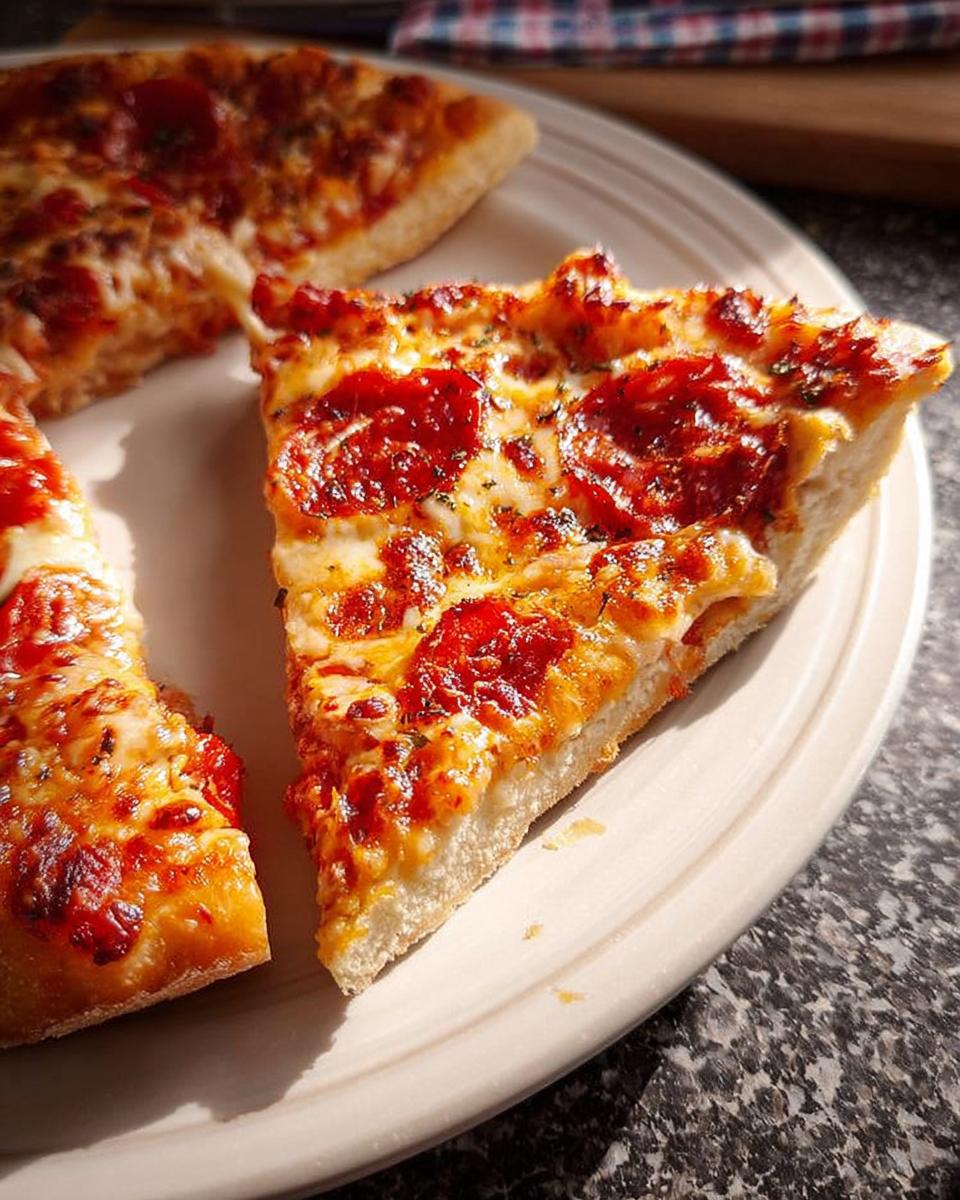 Close-up of two slices of pepperoni pizza on a white plate, perfect for Pizza Night Recipes Meal Prep.