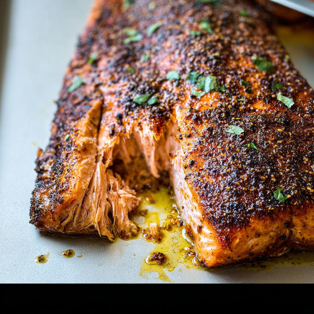 A close-up of a flaky, perfectly cooked salmon fillet with a seasoned crust and fresh herbs.