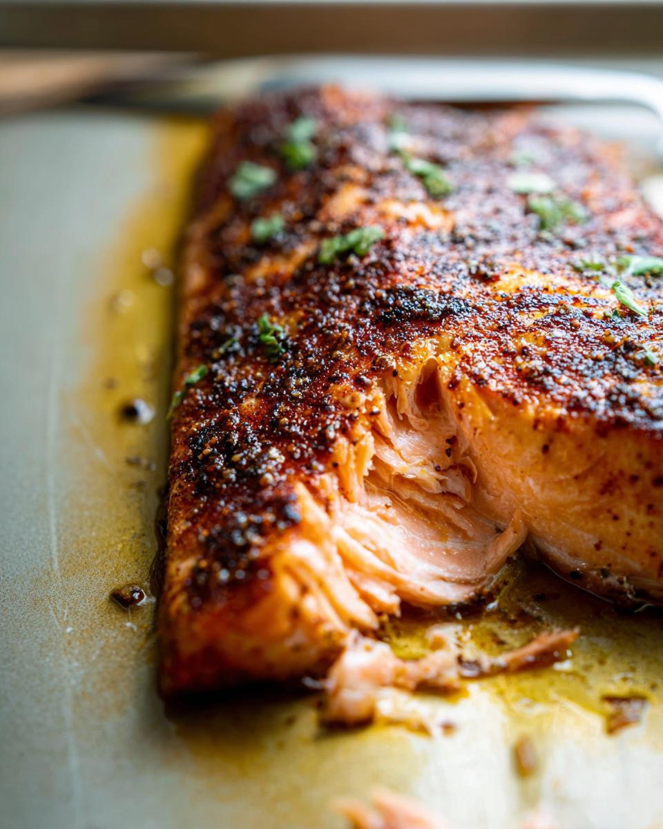 Close-up of a flaky, perfectly cooked salmon fillet with a seasoned crust, ready to be served.