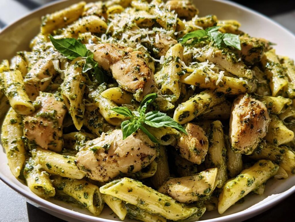 A close-up of penne pasta with grilled chicken pieces coated in vibrant green pesto sauce, a perfect chicken recipe.