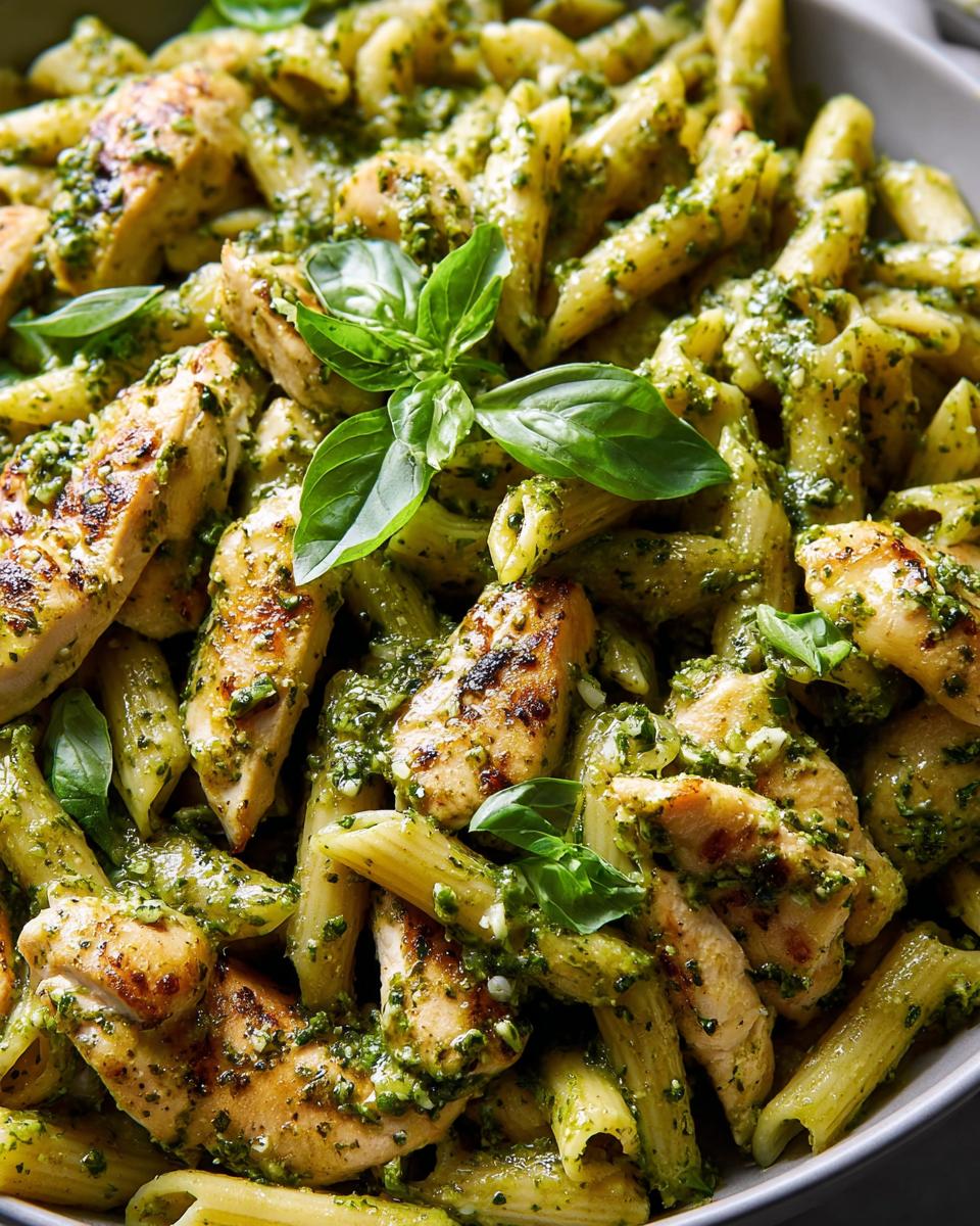 Close-up of penne pasta with grilled chicken strips coated in pesto sauce, garnished with fresh basil. A perfect chicken recipe.