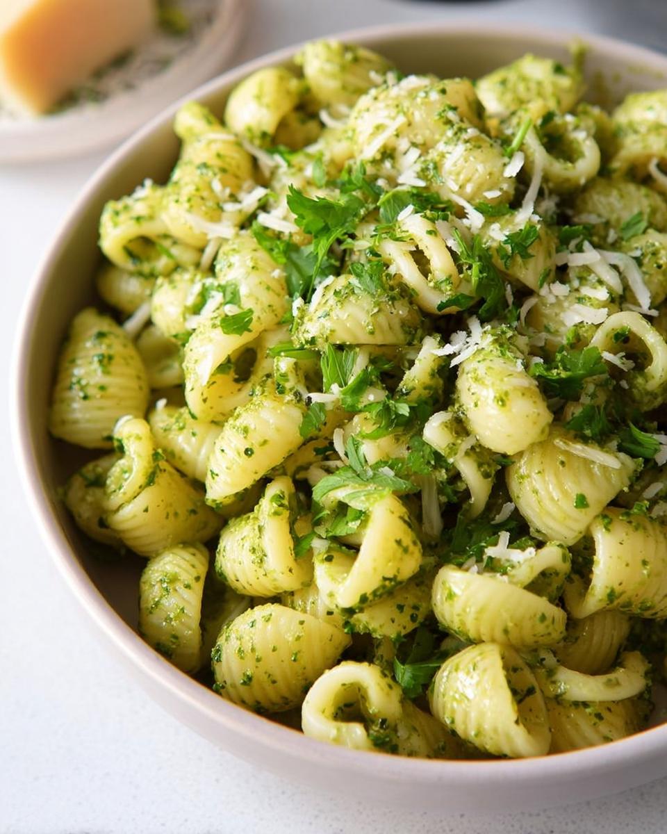 A close-up of a bowl of pasta with pesto sauce, topped with fresh parsley and grated Parmesan cheese. Perfect for quick pasta recipes.