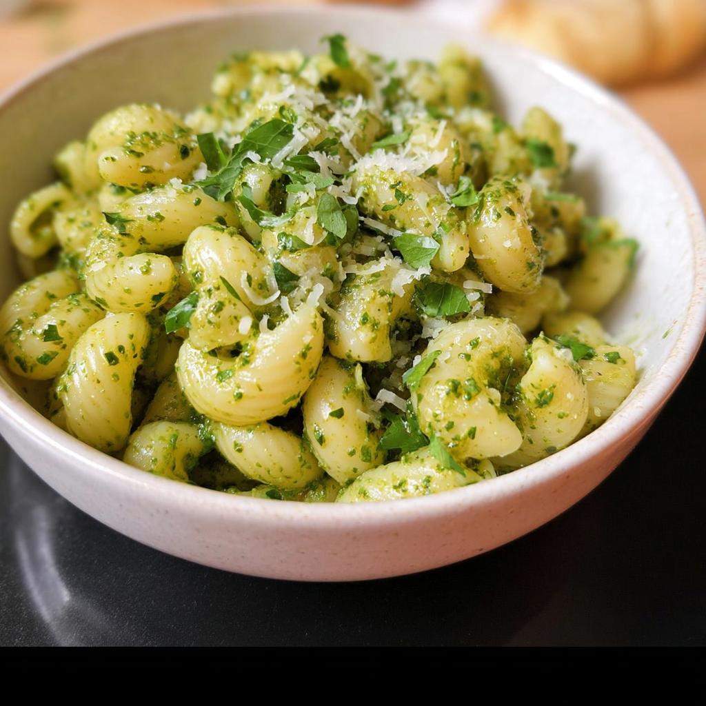 A close-up of a bowl filled with pasta coated in vibrant green pesto sauce, topped with grated cheese and fresh parsley.