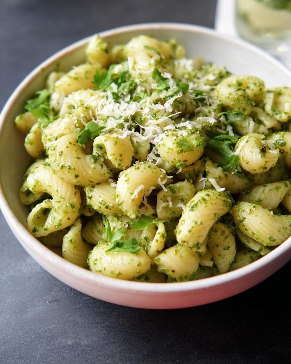 Close-up of a bowl of delicious pesto pasta, garnished with fresh parsley and grated Parmesan cheese.