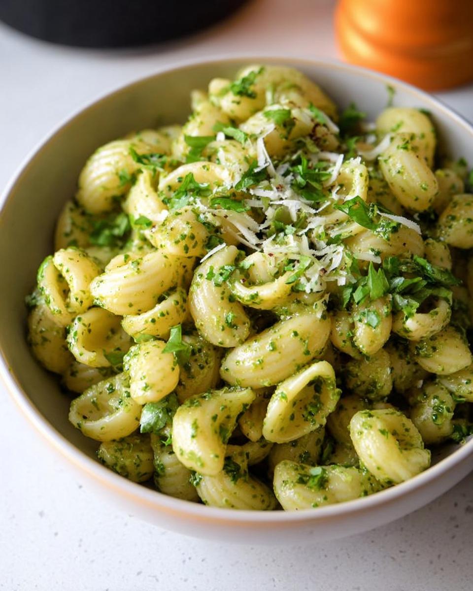 A bowl of delicious pesto pasta, a quick and easy pasta recipe perfect for weeknights.