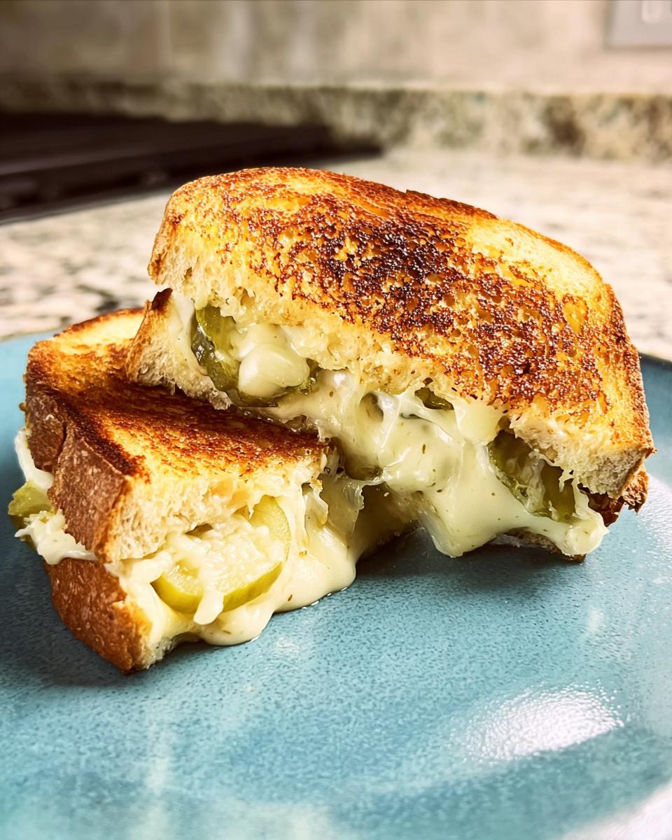A close-up of a perfectly grilled cheese sandwich cut in half, revealing melted cheese and pickle slices.