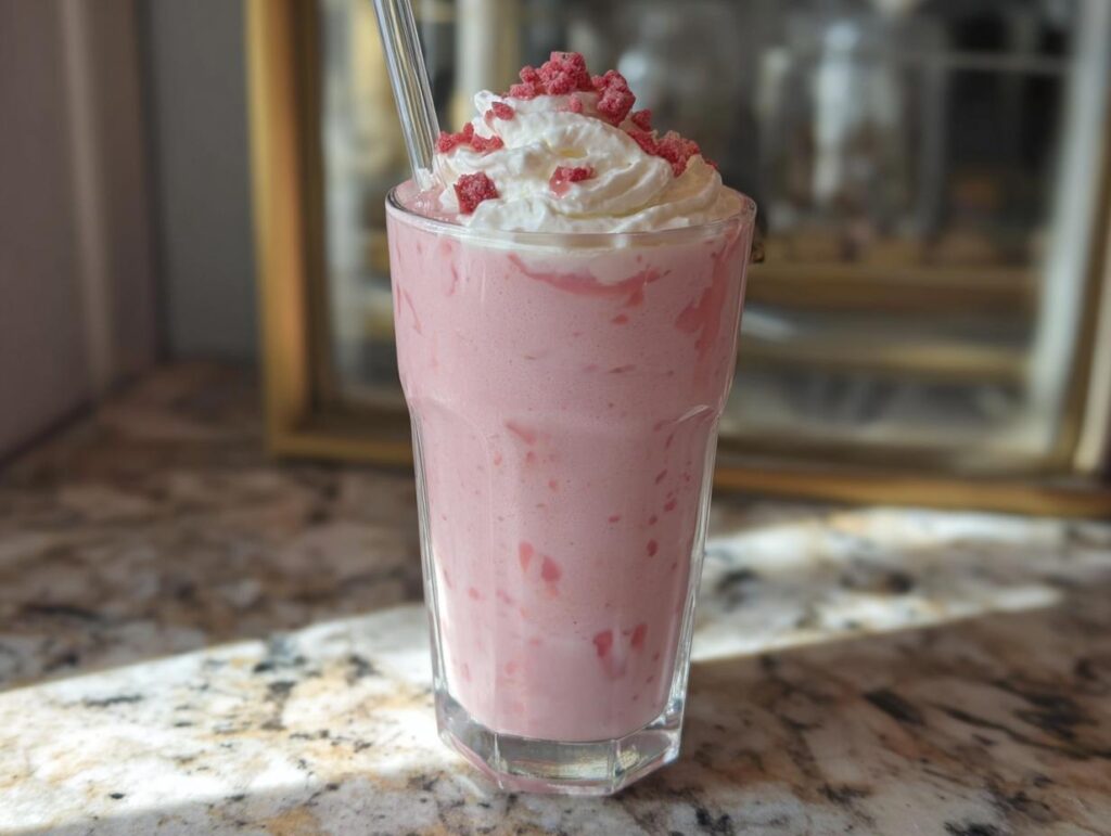 A tall glass of pink strawberry frappuccino with whipped cream and strawberry pieces, a recipe for when you crave Starbucks drinks.