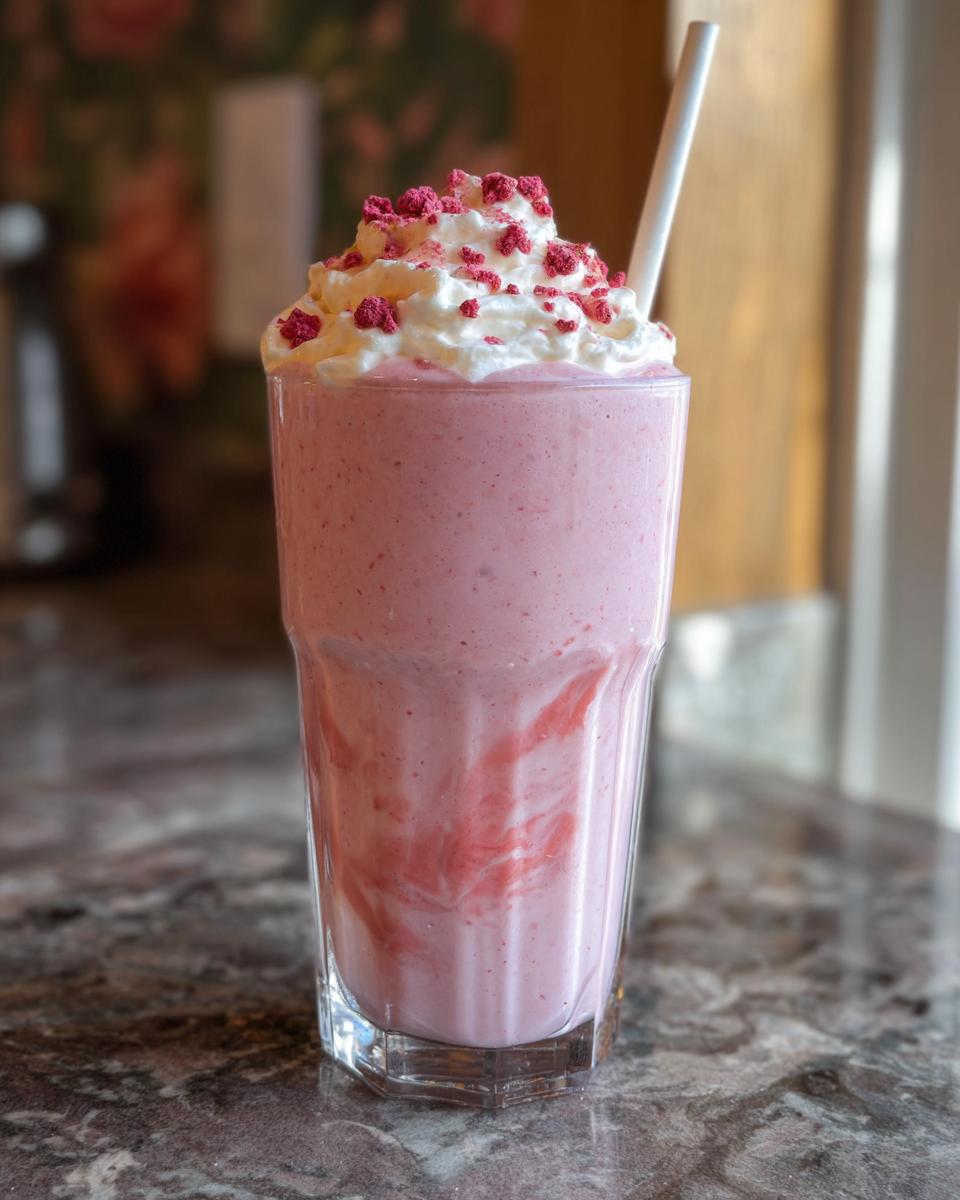 A tall glass of pink strawberry drink, topped with whipped cream and pink sprinkles. Recipe for Starbucks drinks.