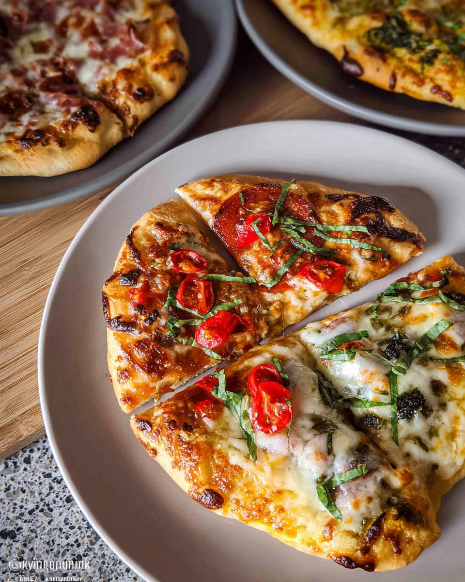 Close-up of delicious pizza slices with pepperoni, cherry tomatoes, basil, and pesto, perfect for pizza night recipes.