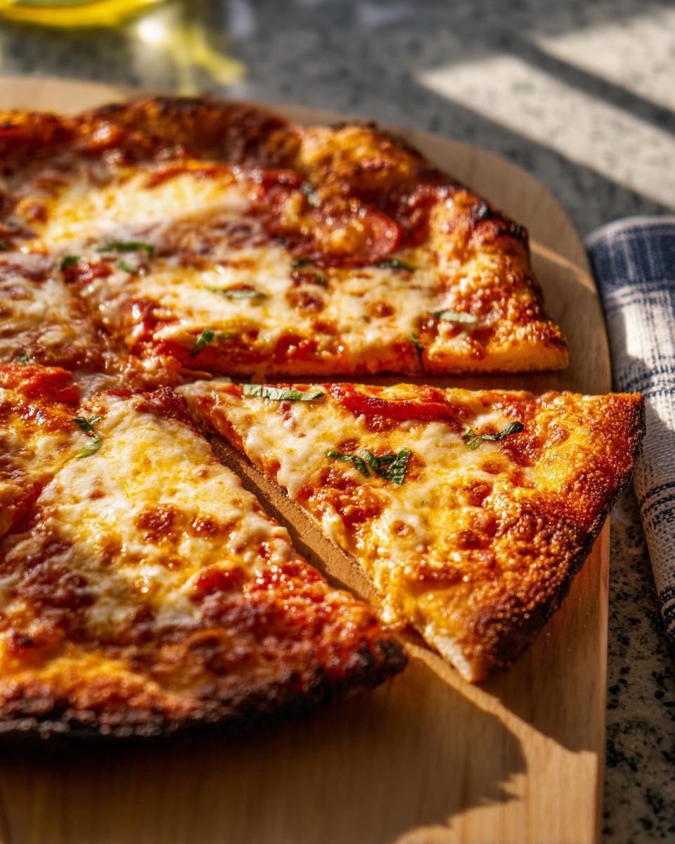 Close-up of a freshly baked Margherita pizza with melted cheese, tomato sauce, and basil, perfect for Pizza Night Recipes.