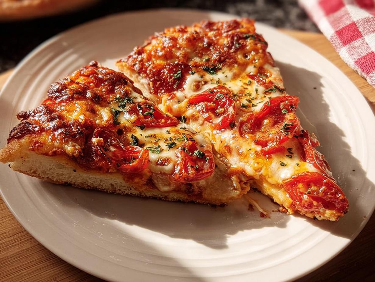 Two slices of homemade pizza with melted cheese and tomato toppings, perfect for pizza night recipes meal prep.