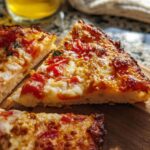 Close-up of three slices of homemade pizza with melted cheese and tomato sauce, perfect for Pizza Night Recipes.