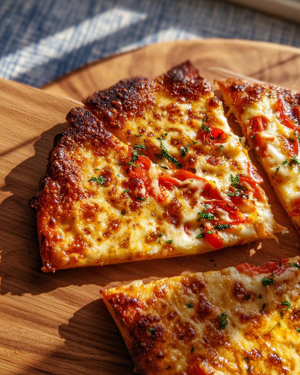 Close-up of three slices of cheesy pizza with red toppings and herbs, perfect for pizza night recipes.