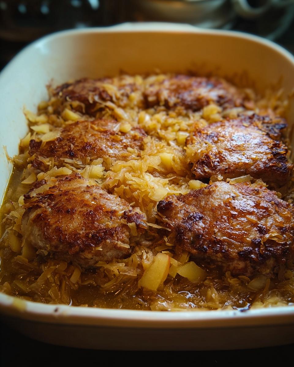 Close-up of tender pork chops baked with sauerkraut and apples in a casserole dish.