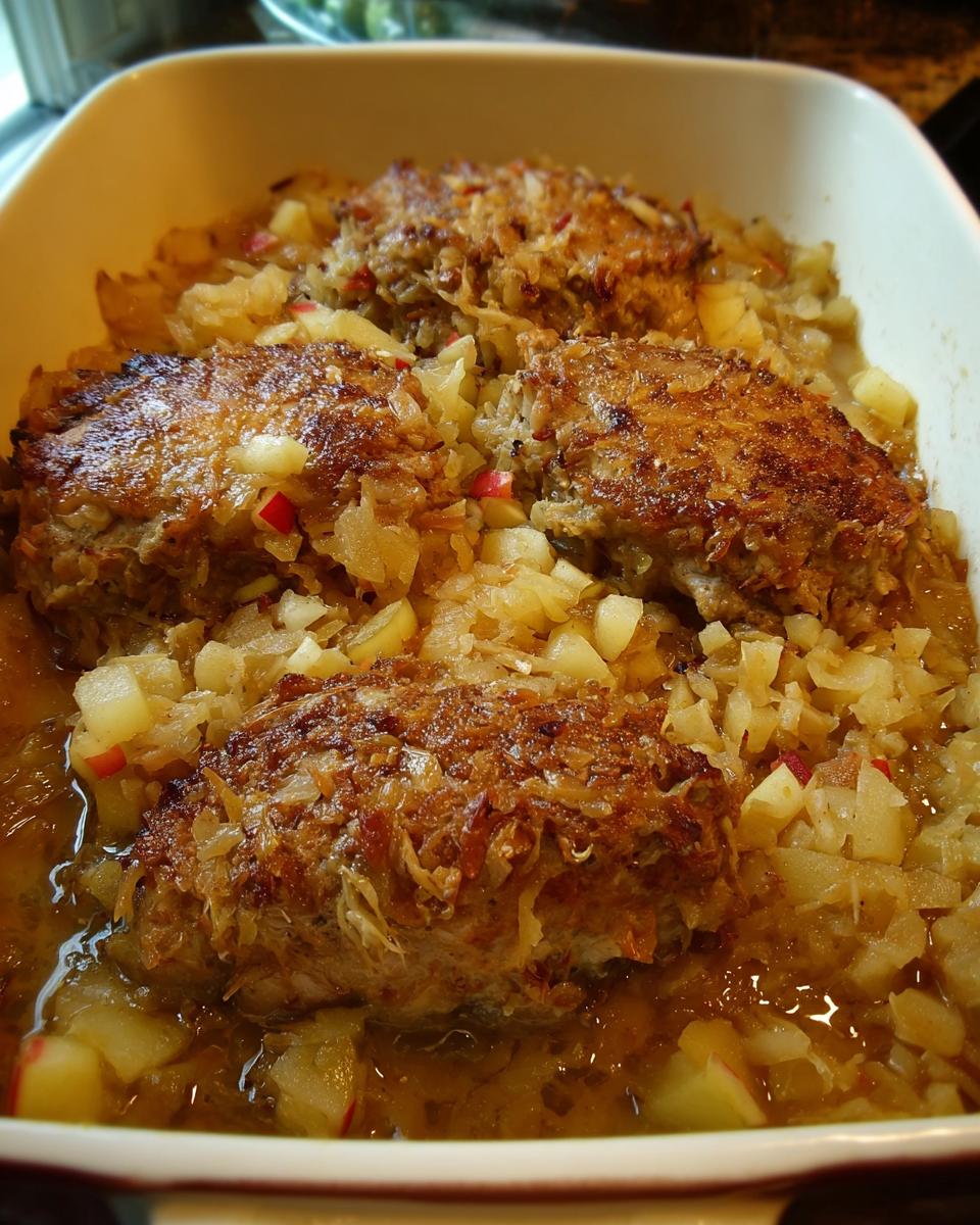 Close-up of tender pork chops baked with diced apples in a casserole dish, part of a 10-minute pork chops recipe.