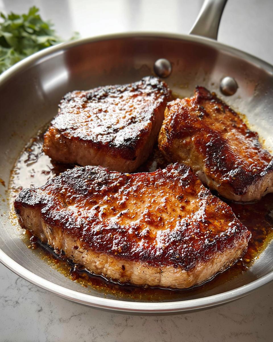 Three juicy pork chops are pan-seared and glistening in a sauce within a stainless steel skillet, perfect for meal prep.