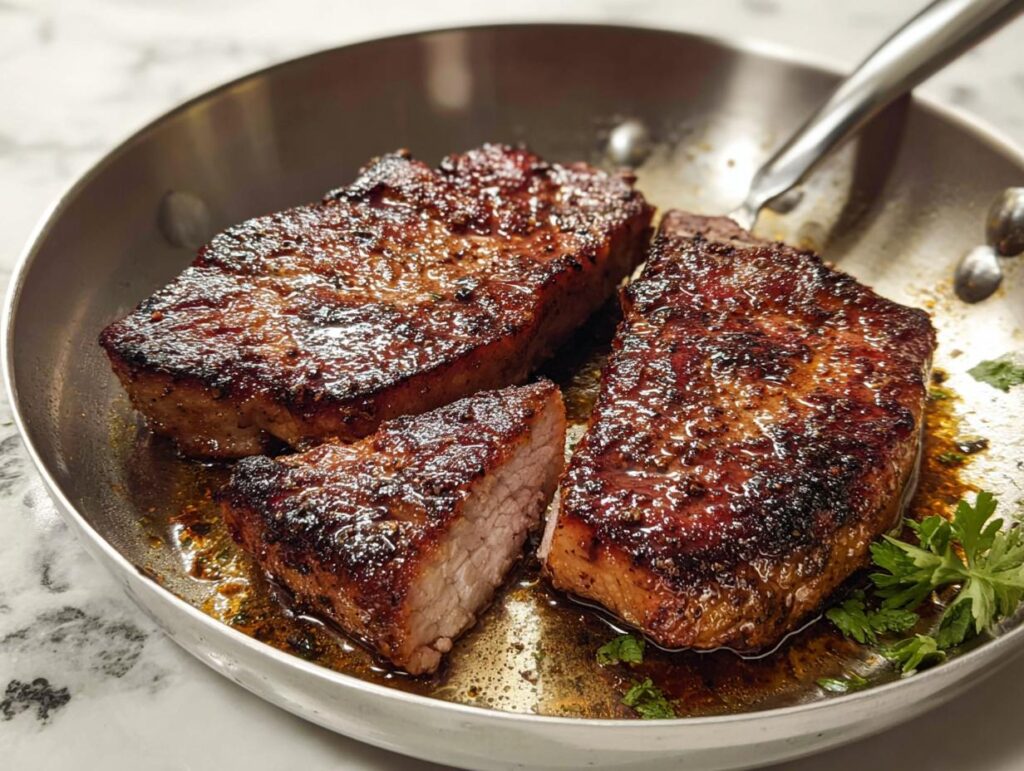 Three perfectly seared pork chops in a skillet, one cut to show its juicy interior. Ideal for pork chops recipes meal prep.