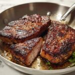 Three perfectly seared pork chops in a skillet, one cut to show its juicy interior. Ideal for pork chops recipes meal prep.