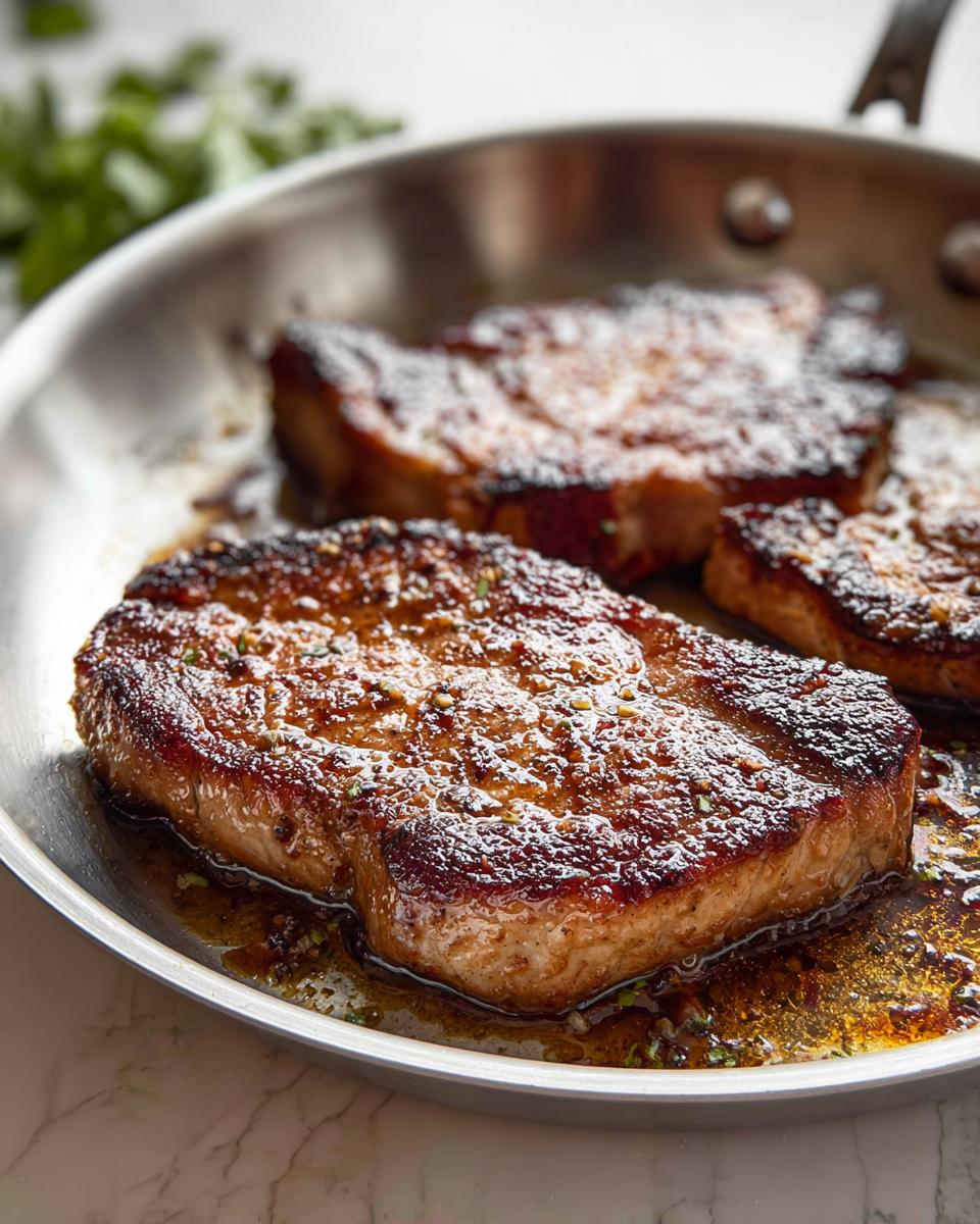 Three juicy pork chops are pan-seared in a stainless steel skillet, ready for meal prep.