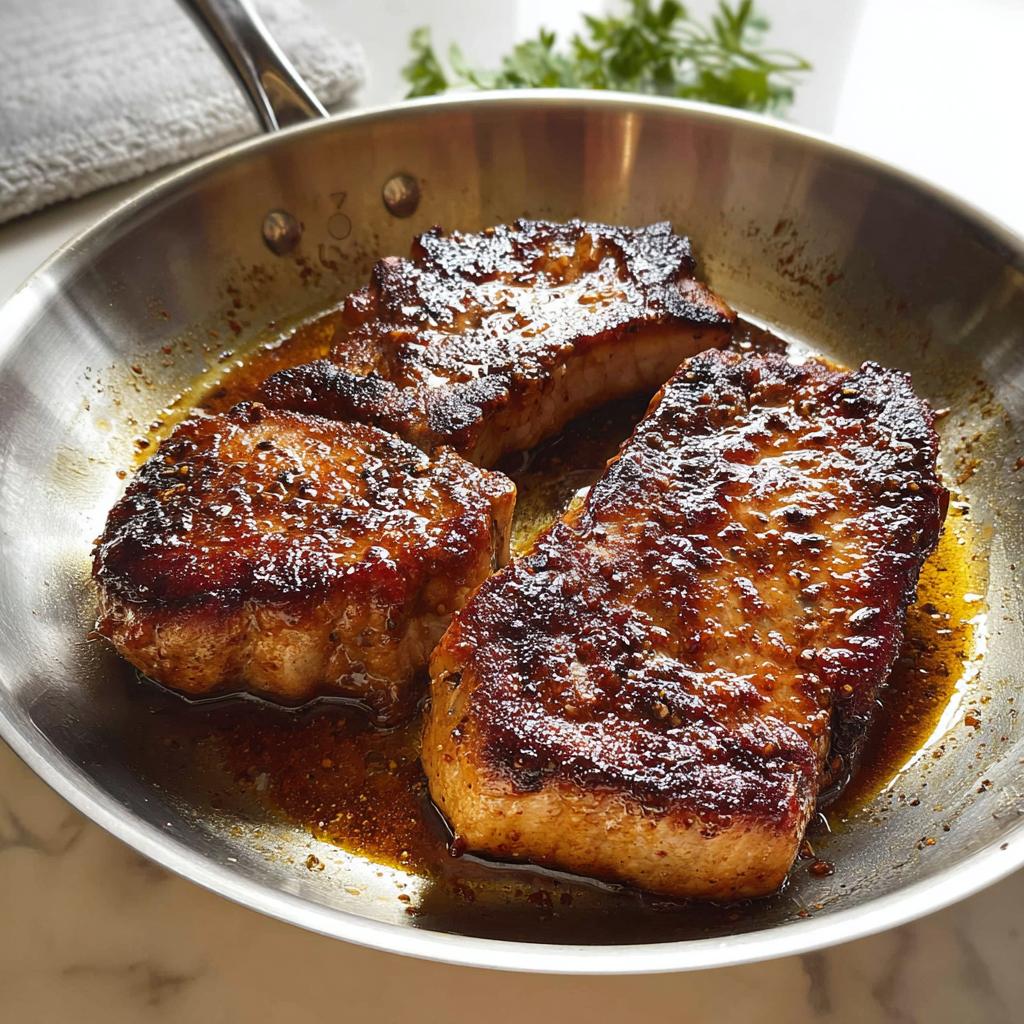 Three juicy pork chops seared to perfection in a skillet, part of a delicious pork chops recipes meal prep.