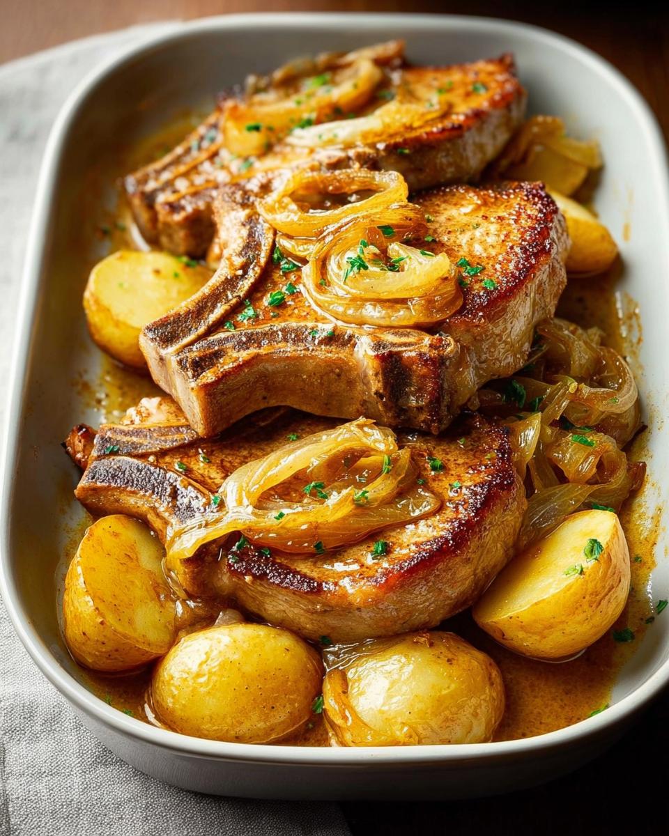 Close-up of tender pork chops braised with caramelized onions and baby potatoes in a rich sauce.