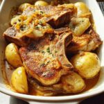 A white baking dish filled with tender pork chops, golden potatoes, and caramelized onions, a perfect weeknight meal.