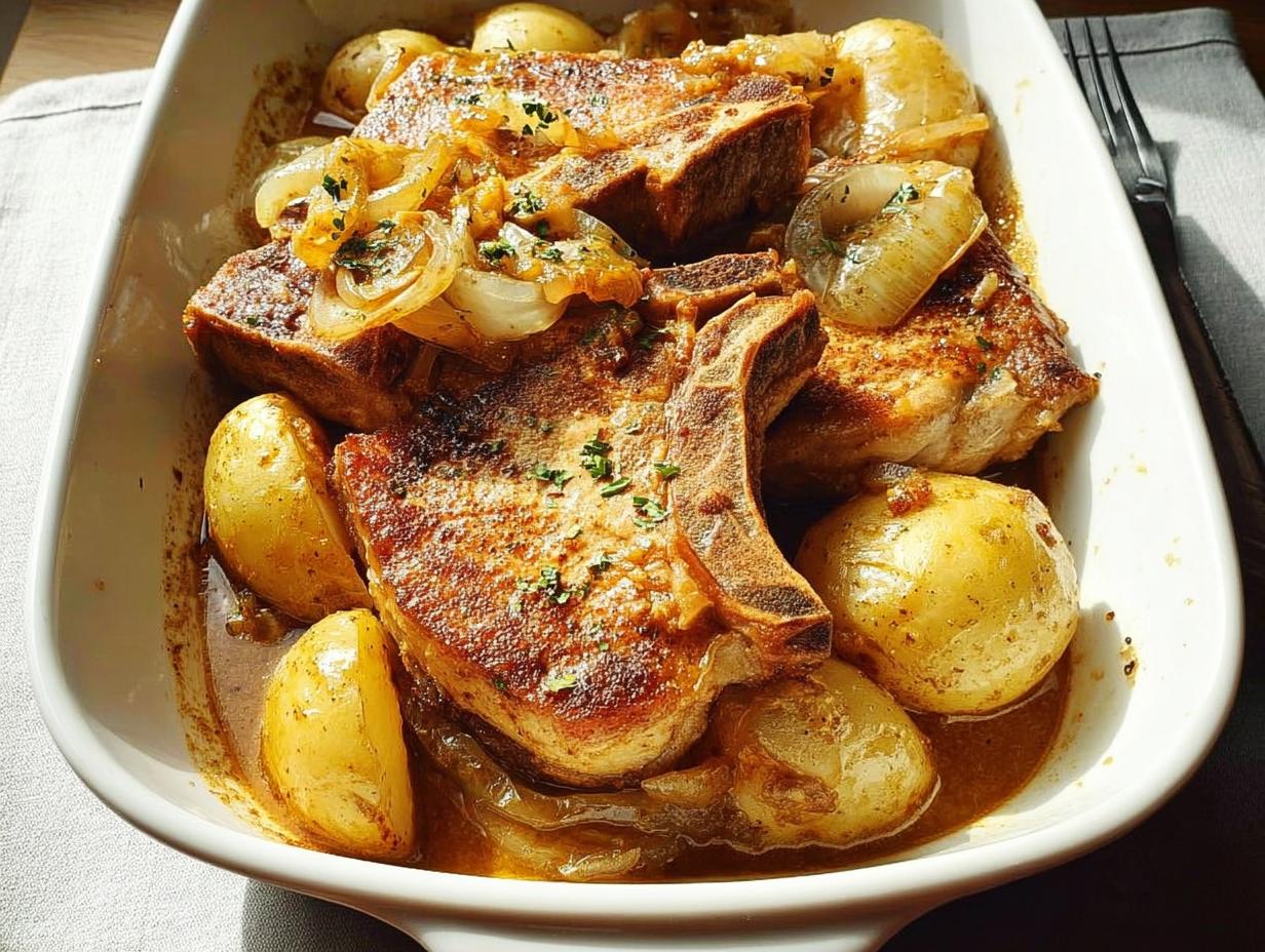 A white baking dish filled with tender pork chops, golden potatoes, and caramelized onions, a perfect weeknight meal.