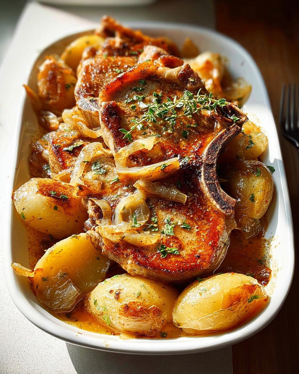 A serving dish filled with golden-brown pork chops, roasted potatoes, and caramelized onions, garnished with fresh thyme.