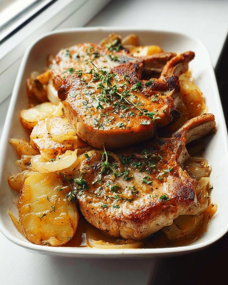 Three juicy pork chops served with sliced potatoes and onions, garnished with fresh thyme.