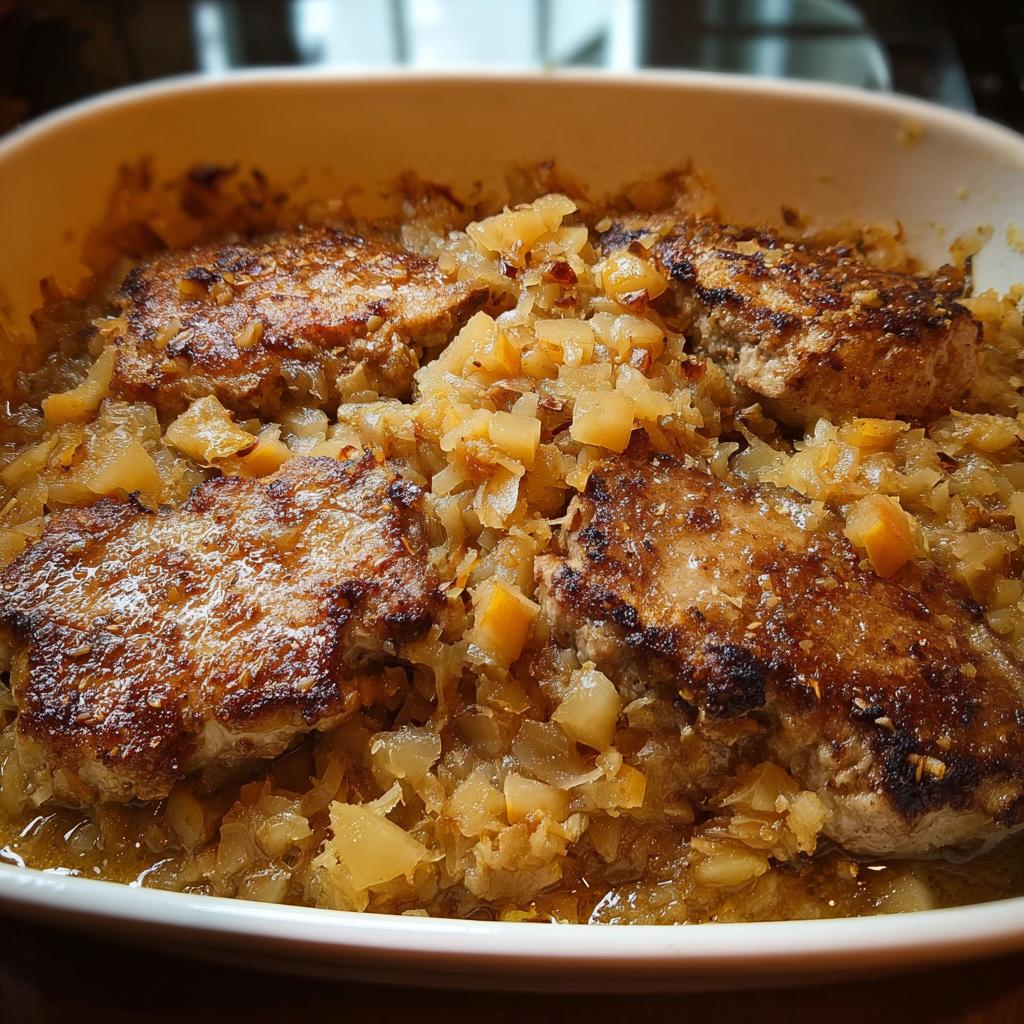 Close-up of juicy pork chops in a savory sauce with diced onions, part of a quick 10-minute pork chops recipe.