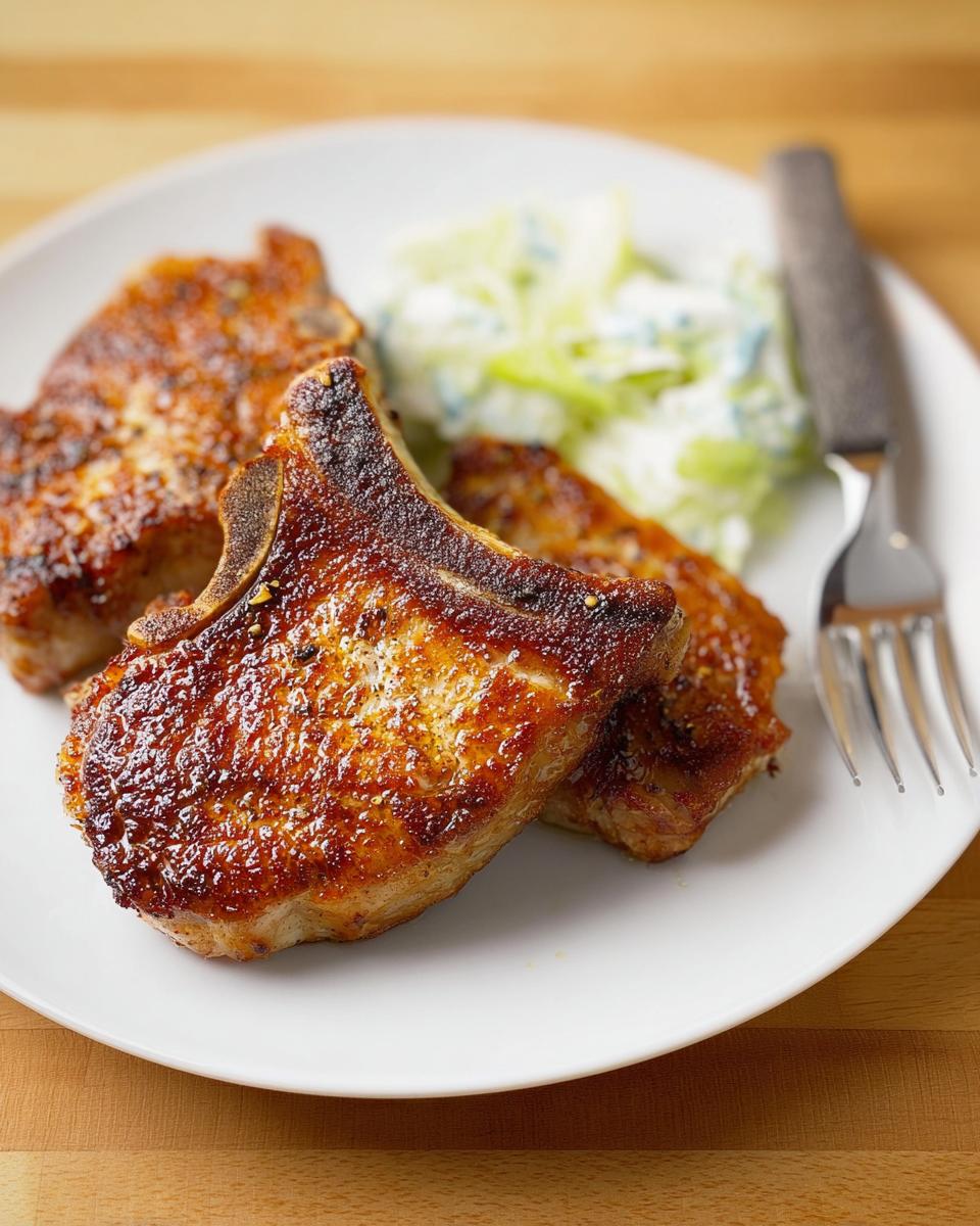 Three perfectly cooked pork chops served with a side of creamy coleslaw on a white plate.
