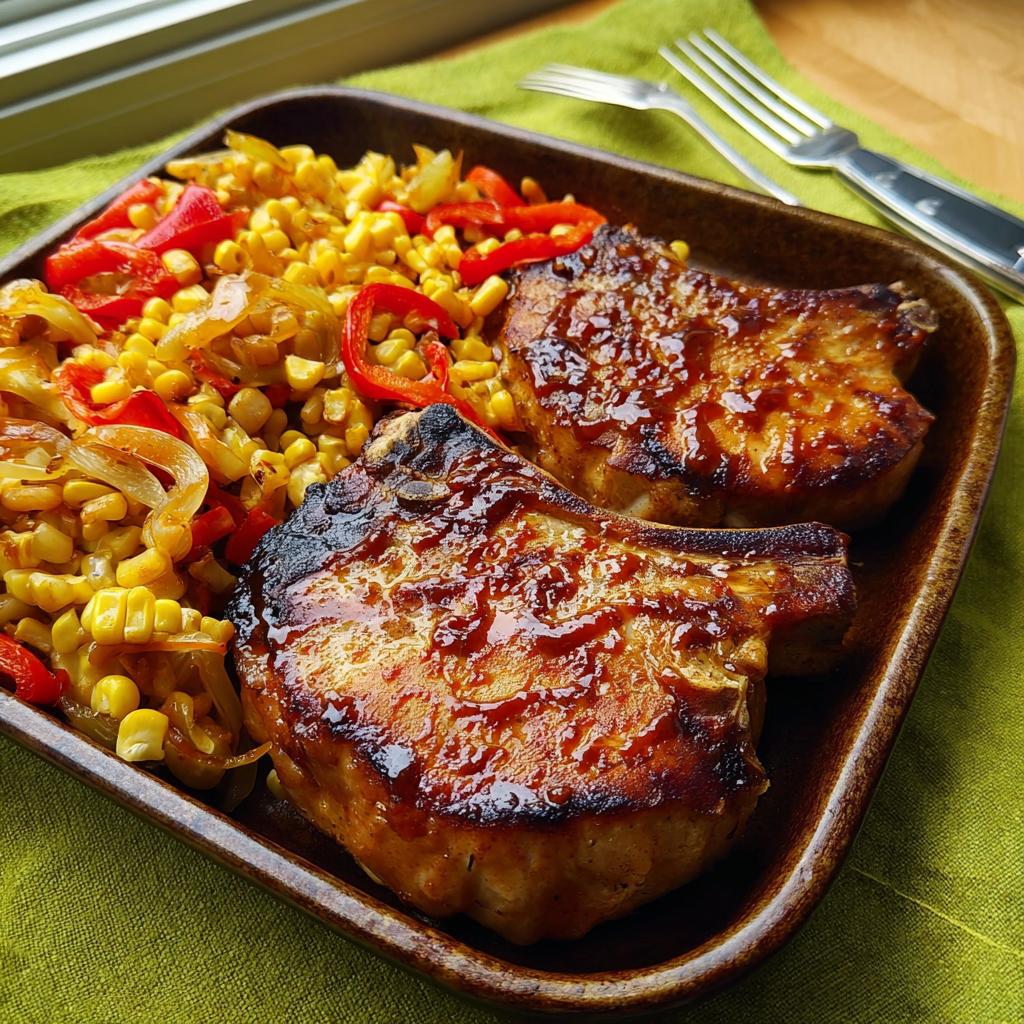 Two perfectly cooked pork chops glazed with a shiny sauce, served with a side of corn and red pepper medley.