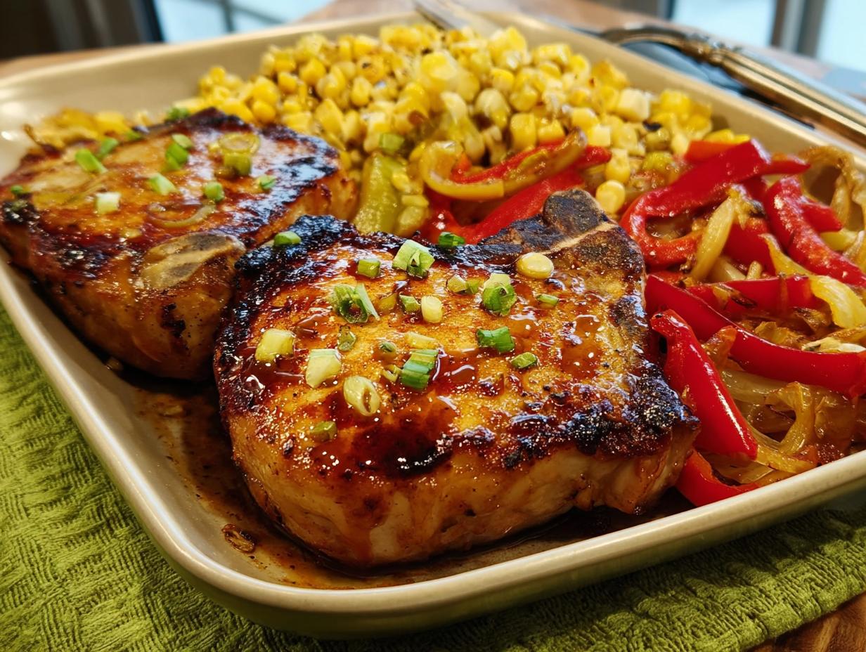 Two perfectly cooked pork chops glazed with sauce and topped with green onions, served with corn and bell peppers.