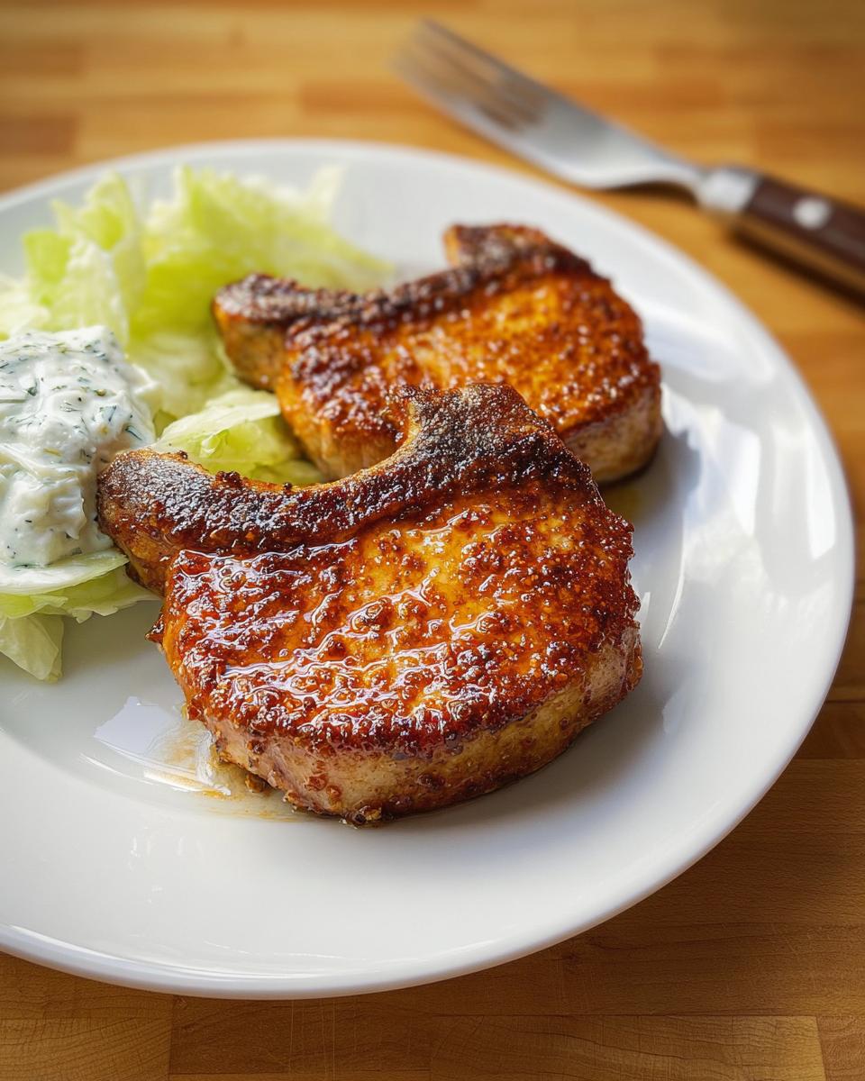 Two perfectly cooked pork chops with a glossy glaze, served with lettuce and a side of creamy sauce.