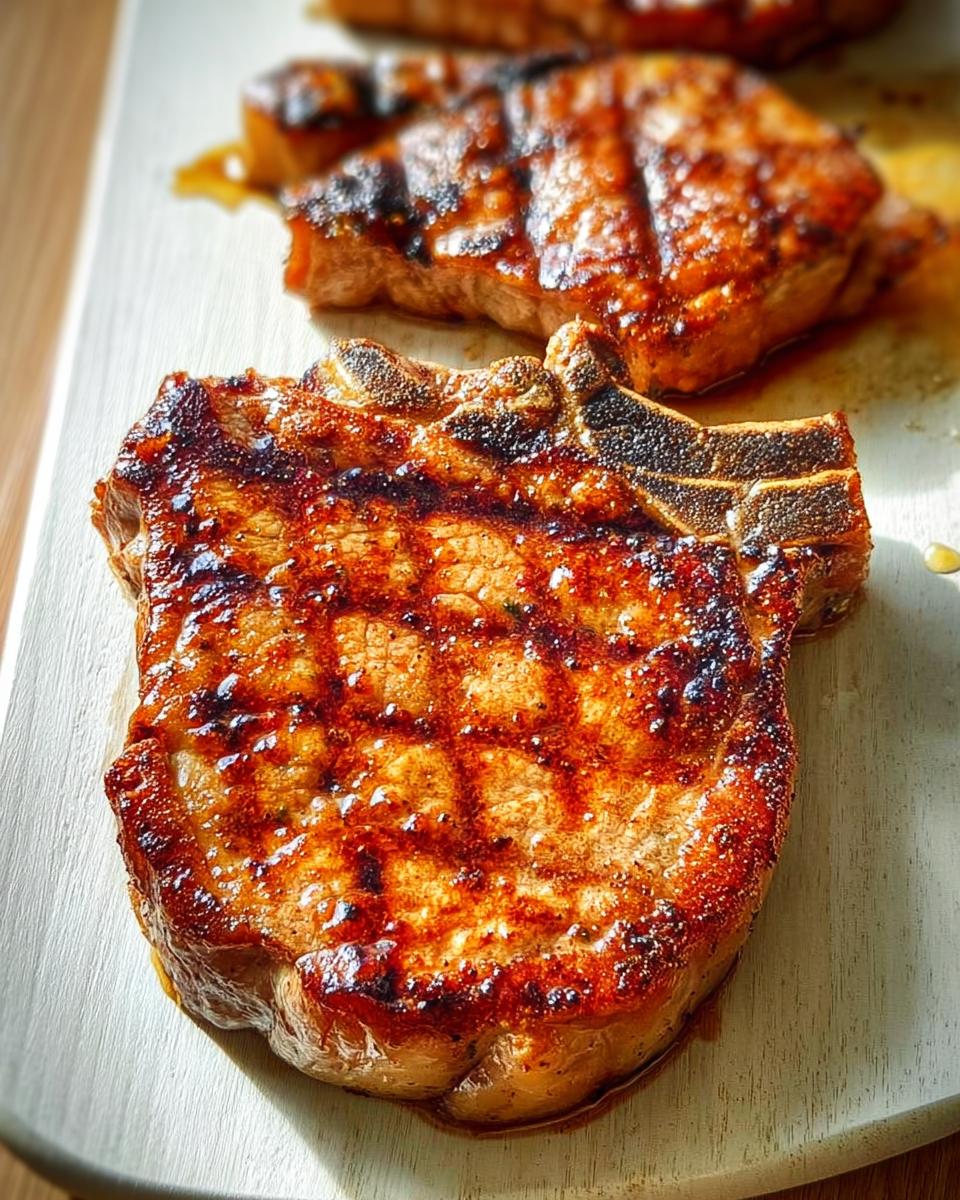 Close-up of perfectly grilled pork chops, showcasing grill marks and a glossy glaze. A quick weeknight winner.
