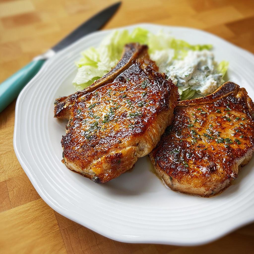 Two perfectly cooked pork chops served with lettuce and a creamy side dish, showcasing why everyone loves this pork chops recipe.