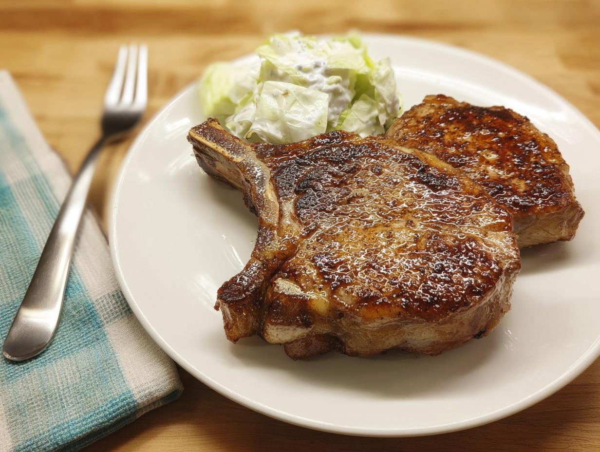 A perfectly cooked pork chop with a side of coleslaw, showcasing why everyone loves this pork chops recipe.