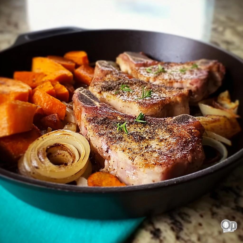 Three bone-in pork chops seasoned and cooked in a cast iron skillet with roasted sweet potatoes and onions.