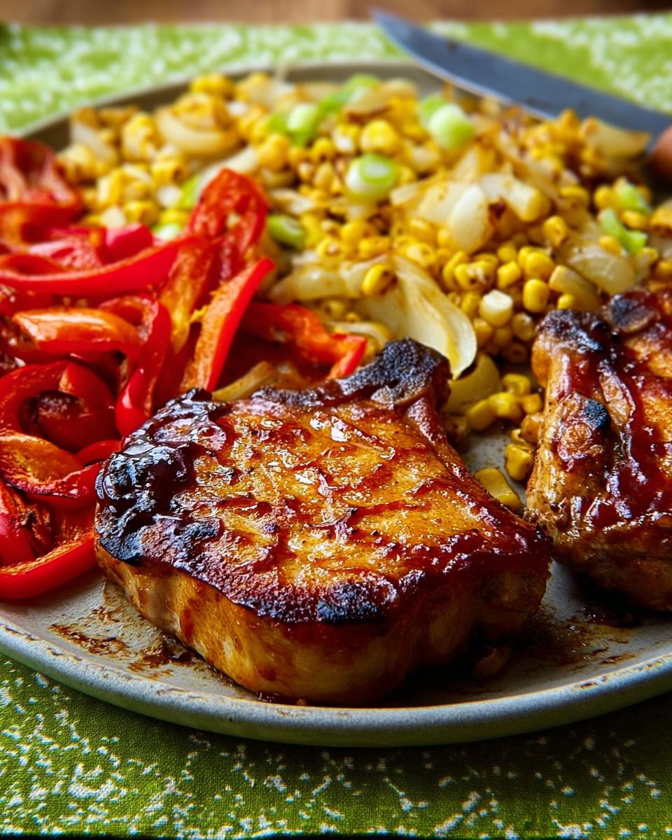 Close-up of perfectly cooked pork chops recipe with glazed sauce, served with roasted corn and red peppers.