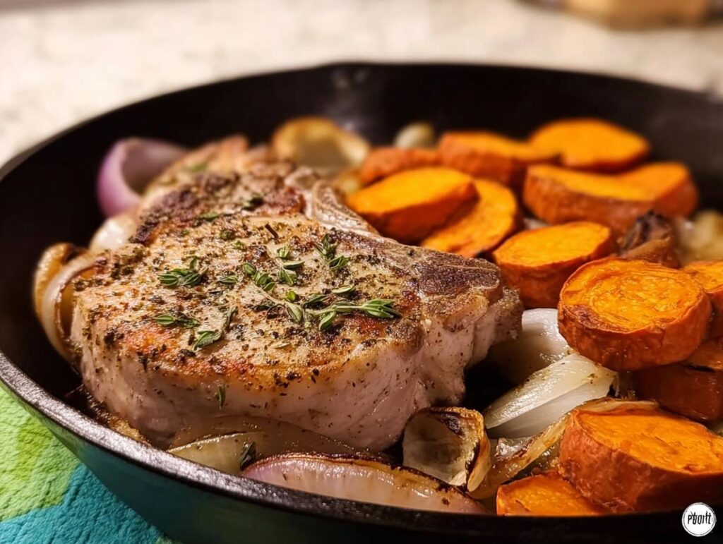 A perfectly cooked pork chop recipe in a cast iron skillet with roasted sweet potatoes and onions, seasoned with herbs.