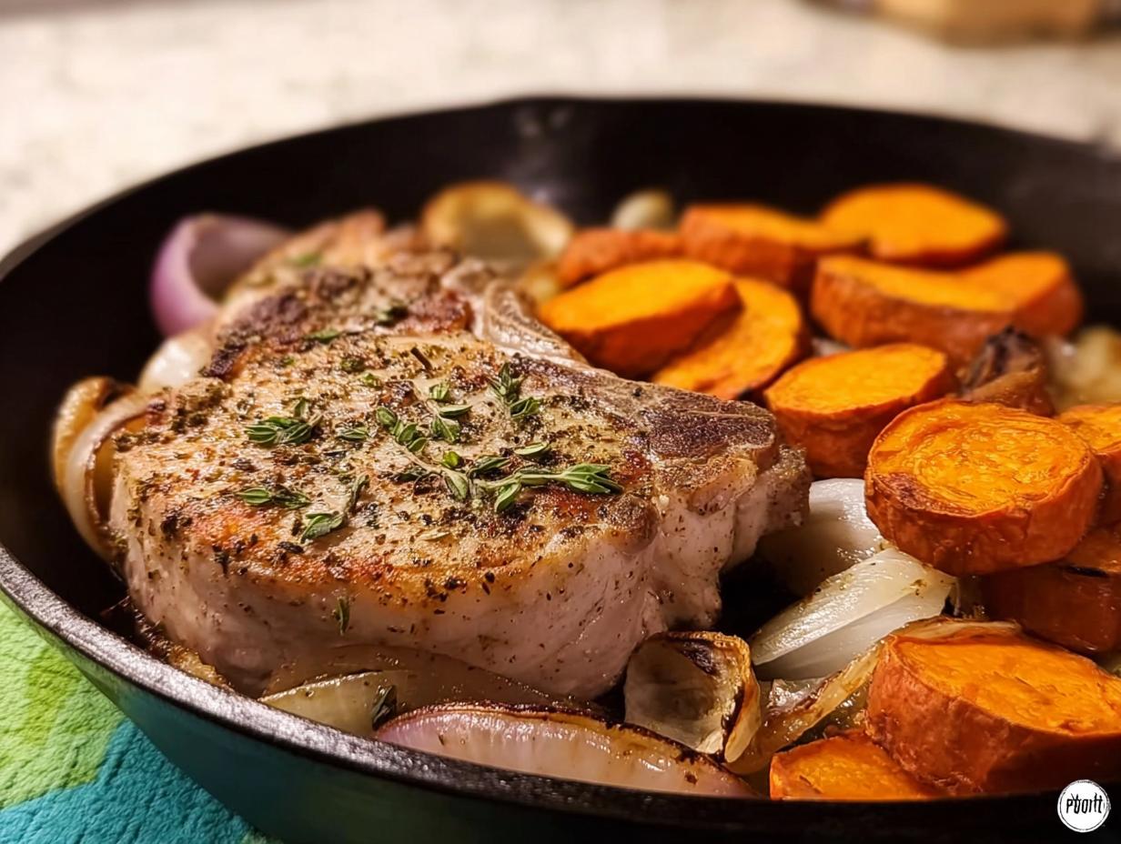 A perfectly cooked pork chop recipe in a cast iron skillet with roasted sweet potatoes and onions, seasoned with herbs.