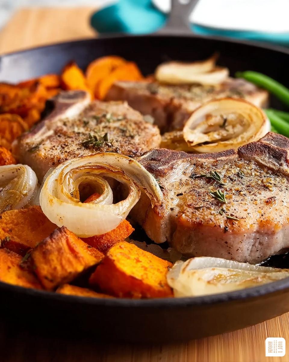 Close-up of a skillet filled with perfectly cooked pork chops, roasted sweet potatoes, and caramelized onions.