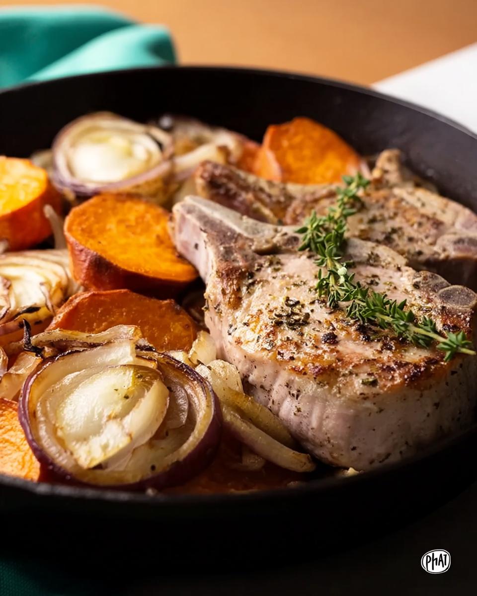 Close-up of juicy pork chops recipe baked with sweet potatoes and red onions in a cast iron skillet.