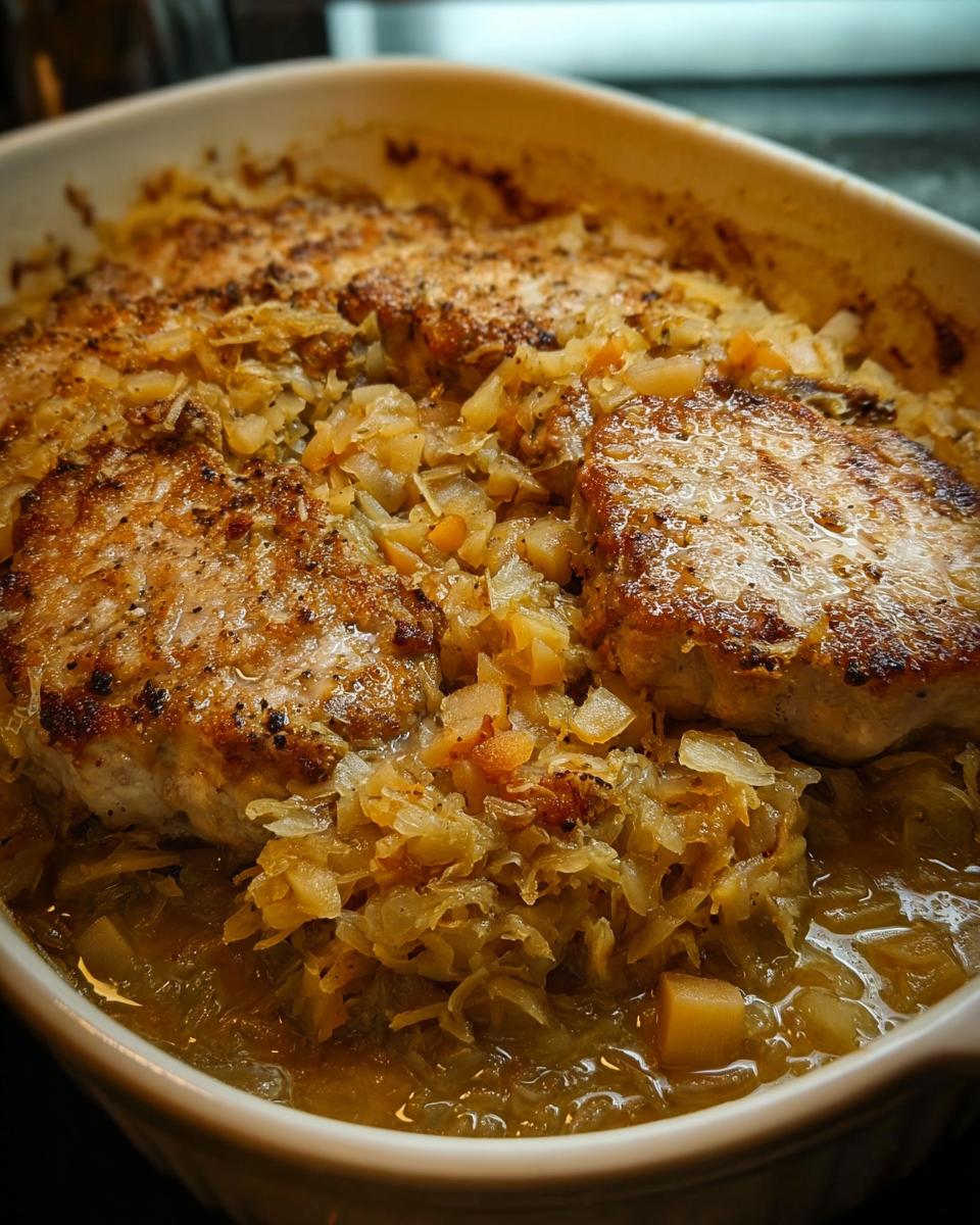 Close-up of tender pork chops baked with sauerkraut in a white casserole dish, a quick weeknight meal.