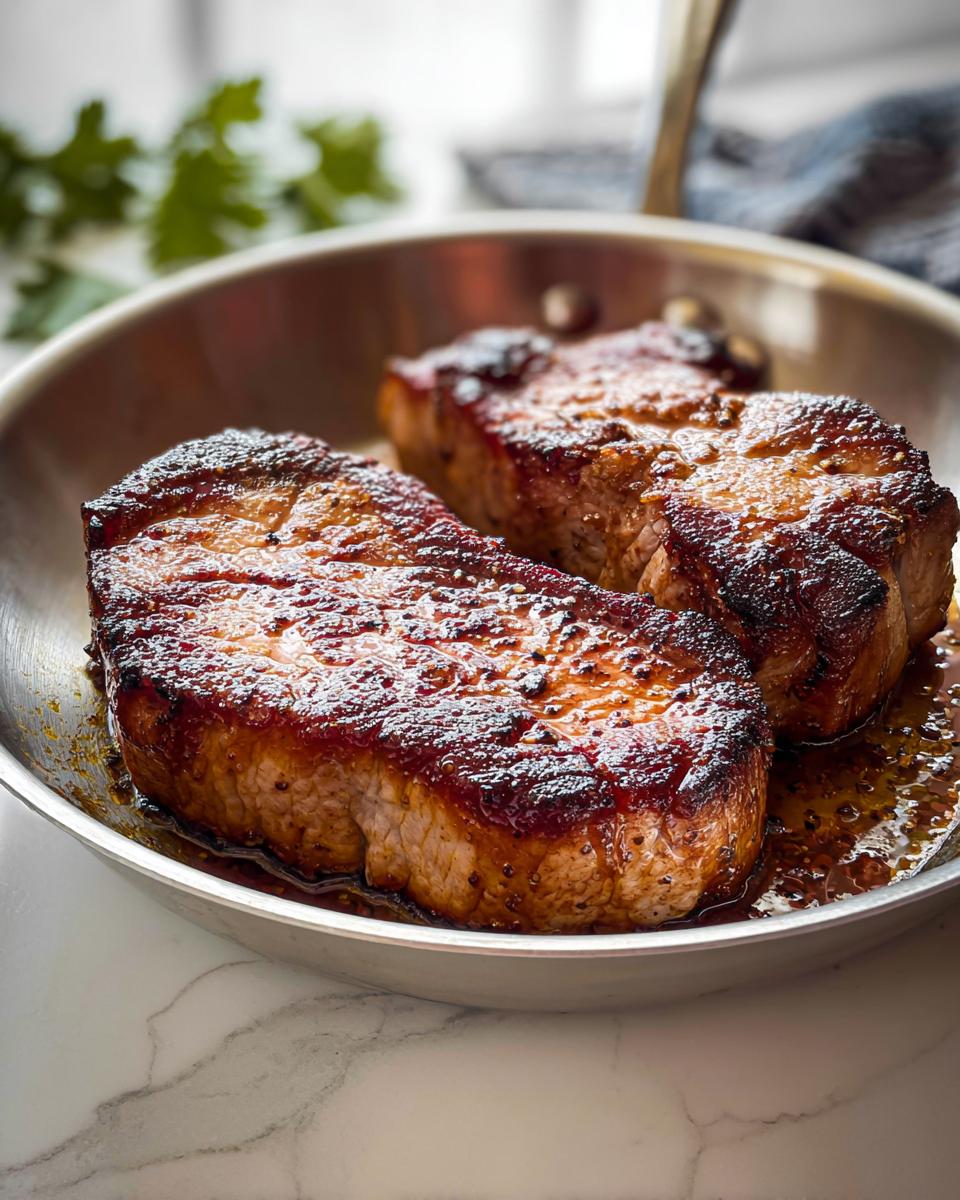 Two thick-cut pork chops seared to a golden-brown perfection in a stainless steel skillet, glistening with pan juices.