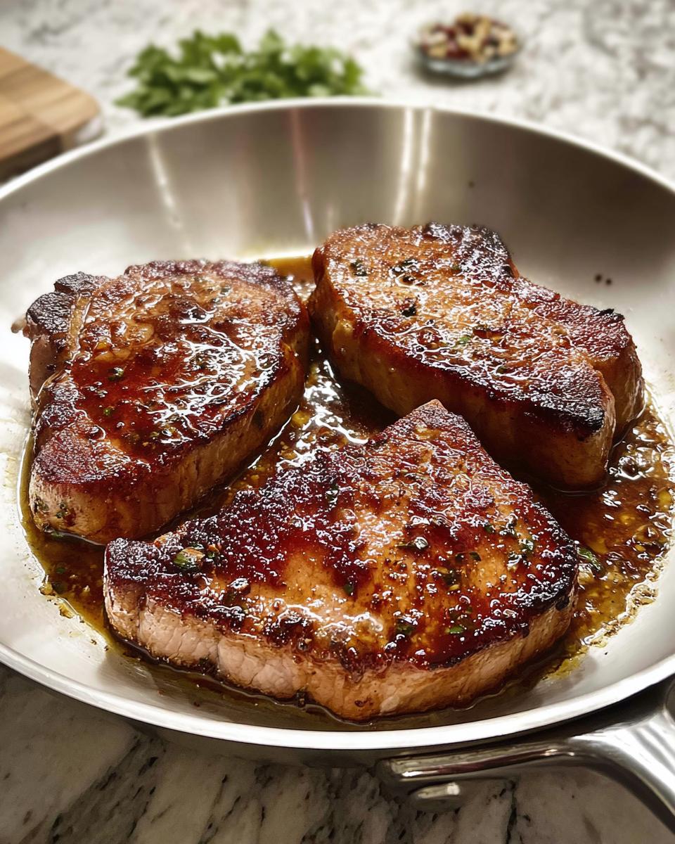 Three perfectly cooked pork chops in a skillet with a rich glaze, ready for meal prep.