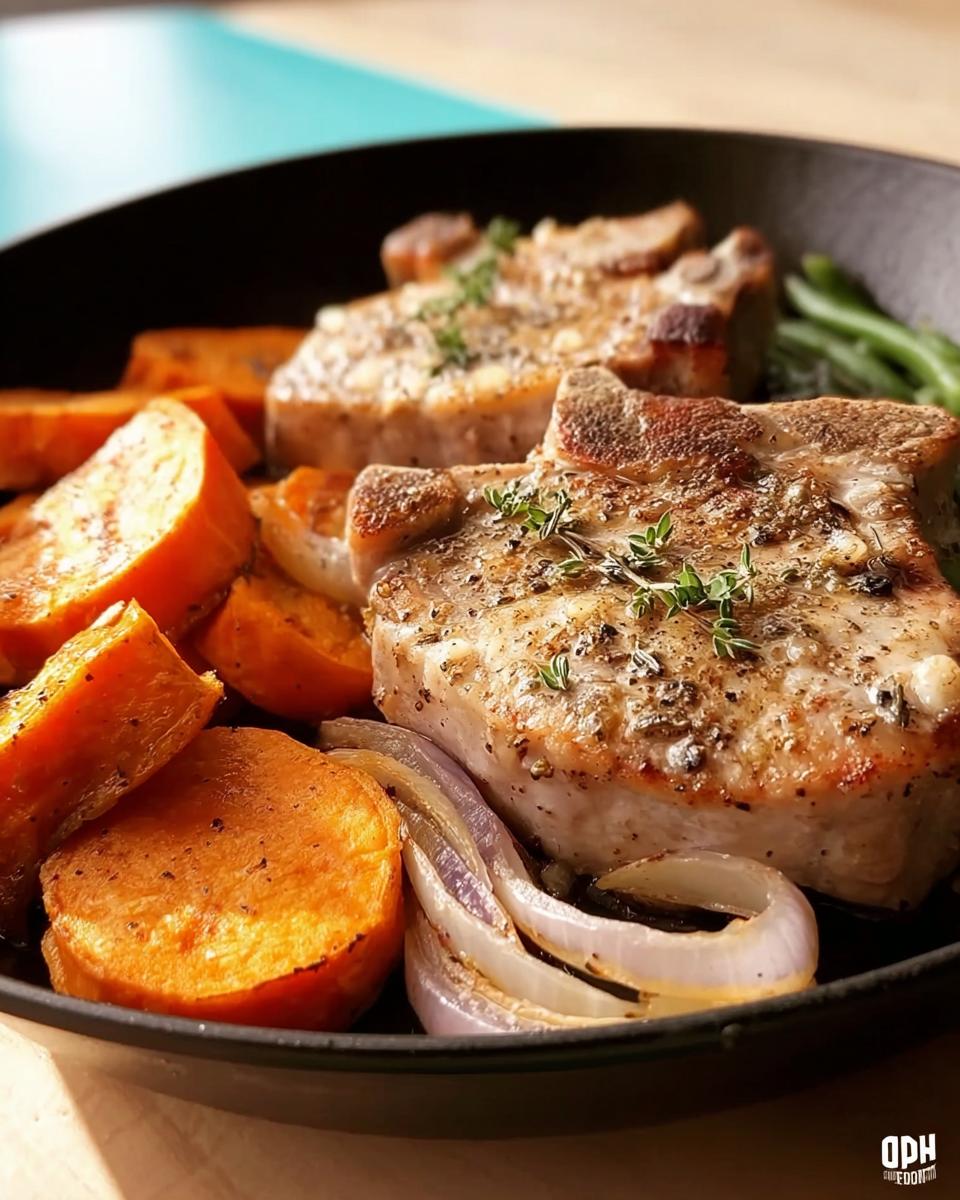 Close-up of two juicy pork chops recipes served with roasted sweet potatoes and onions.